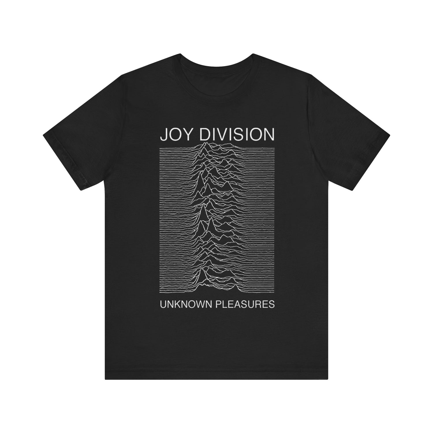 A black graphic t-shirt featuring the iconic graphic from Joy Division's 'Unknown Pleasures' album cover.