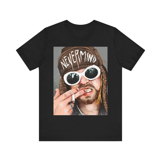 A black graphic t-shirt featuring a graphic related to Nirvana's 'Nevermind' album era.