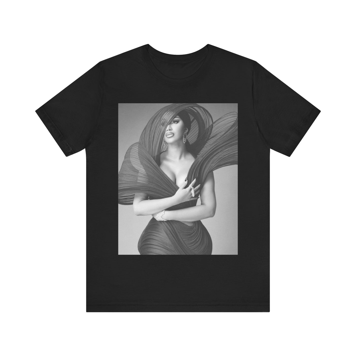 A black graphic t-shirt featuring a black and white graphic of Cardi B, emphasizing her 'Bronx Princess' or rap icon status.