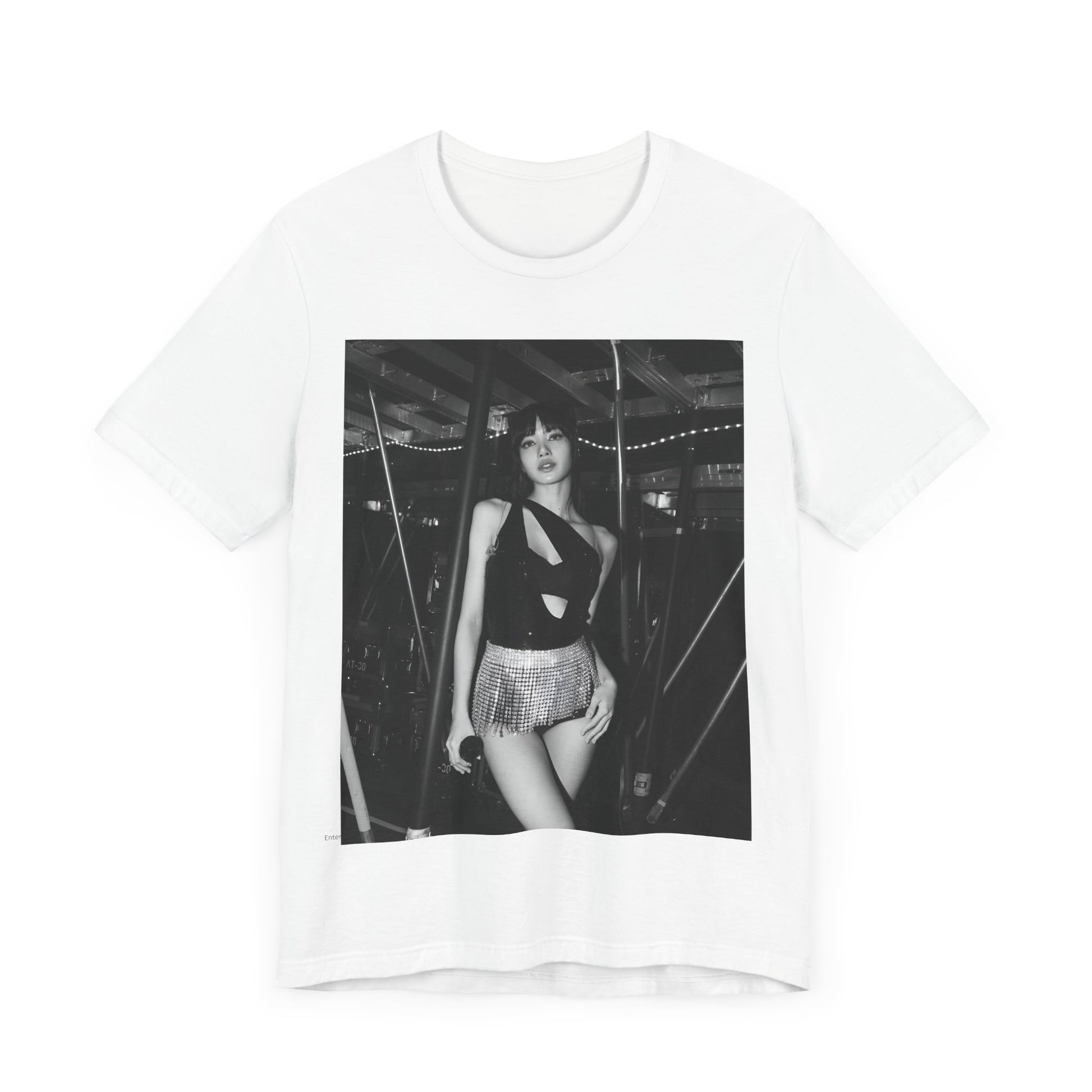A black graphic t-shirt featuring a black and white graphic or photo of Lisa in a backstage setting.