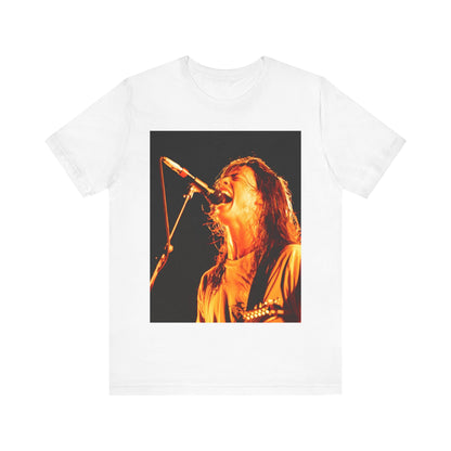 A black graphic t-shirt featuring a vintage grunge rock graphic of Foo Fighters.