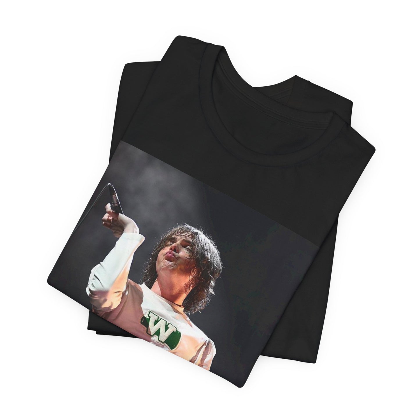A black graphic t-shirt featuring a photo of My Chemical Romance, possibly with a cheerleader theme.