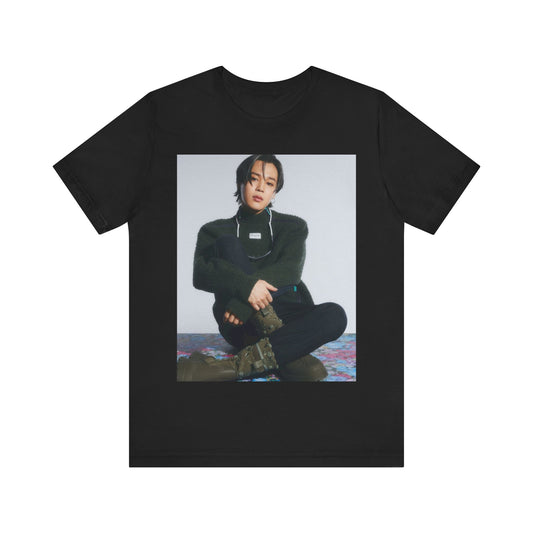 A black graphic t-shirt featuring a modern K-Pop essential graphic of Jimin.