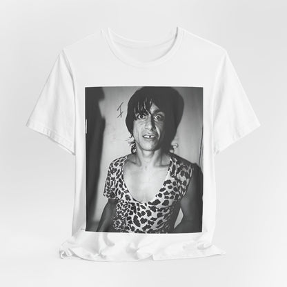 A black graphic t-shirt featuring a graphic of Iggy Pop and The Stooges in a punk style.