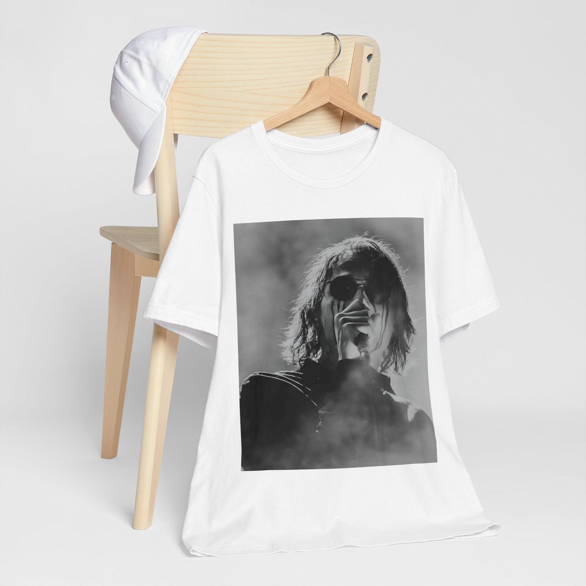 A black graphic t-shirt featuring a black and white, monochrome graphic or photo of My Chemical Romance.