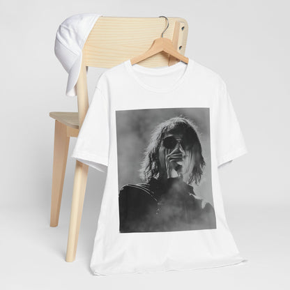 A black graphic t-shirt featuring a black and white, monochrome graphic or photo of My Chemical Romance.