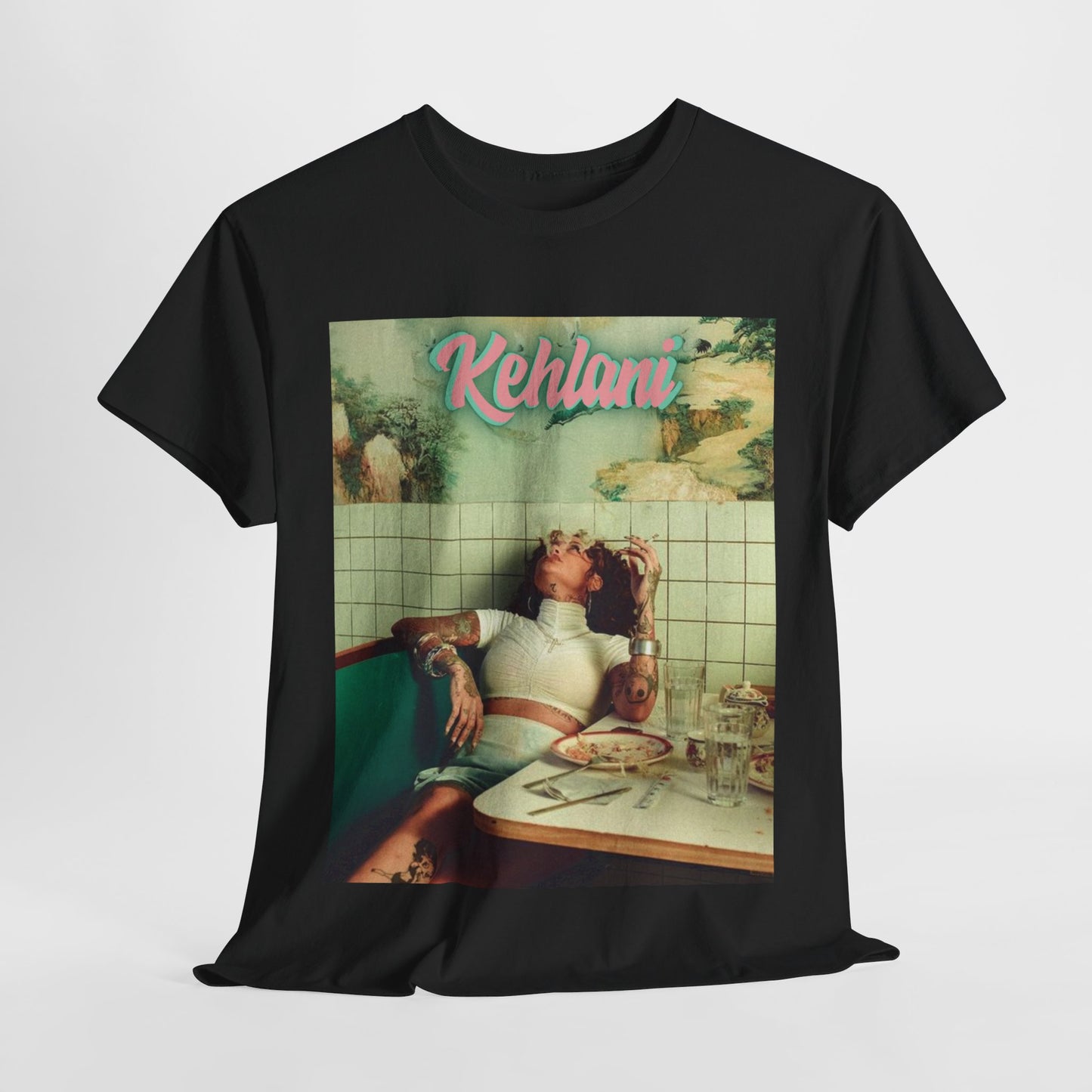 A black graphic t-shirt featuring a cool alt R&B artist graphic of Kehlani.