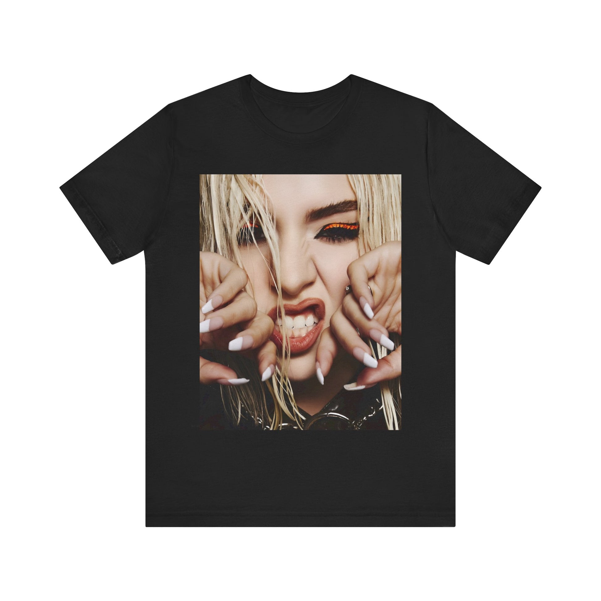 A black graphic t-shirt featuring a graphic of Ava Max with a pop punk aesthetic, possibly with bold lines, vibrant colors, or edgy elements.