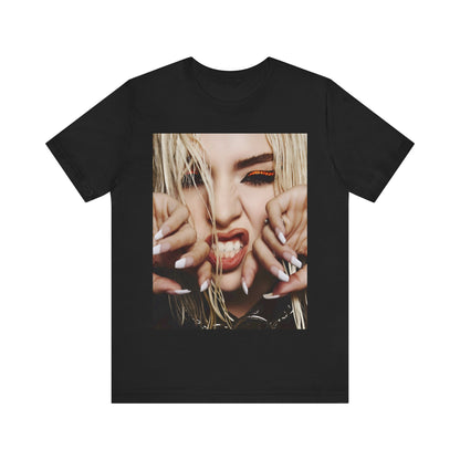 A black graphic t-shirt featuring a graphic of Ava Max with a pop punk aesthetic, possibly with bold lines, vibrant colors, or edgy elements.