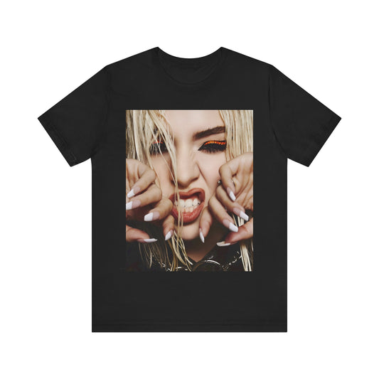 A black graphic t-shirt featuring a graphic of Ava Max with a pop punk aesthetic, possibly with bold lines, vibrant colors, or edgy elements.