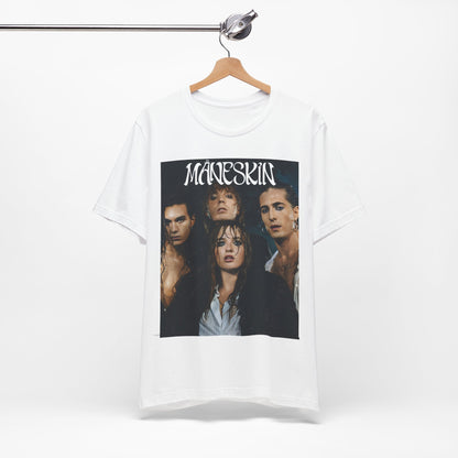 A black graphic t-shirt featuring a graphic of Maneskin with cool Italian rock vibes.