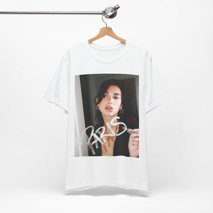 A black graphic t-shirt featuring a graphic of Dua Lipa, possibly with Parisian elements or a 'Paris' theme.