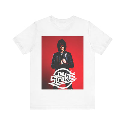 A black graphic t-shirt featuring a bold indie rock superstar graphic of The Strokes.