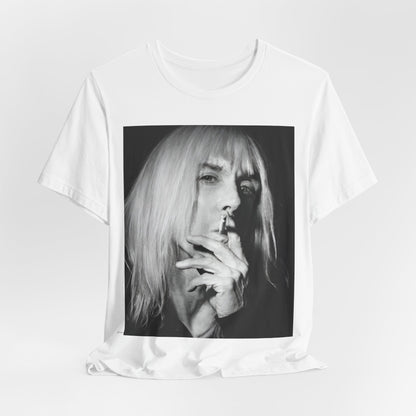 A black graphic t-shirt featuring a black and white graphic or photo of Iggy Pop holding a cigar.