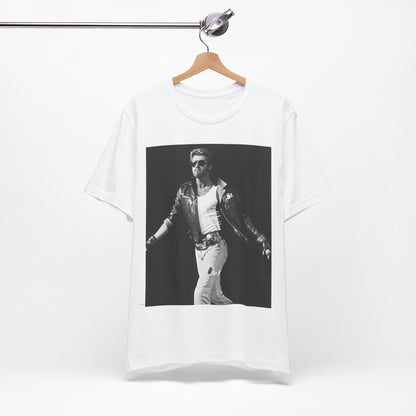A black graphic t-shirt featuring a retro black and white monochrome graphic or photo of George Michael.