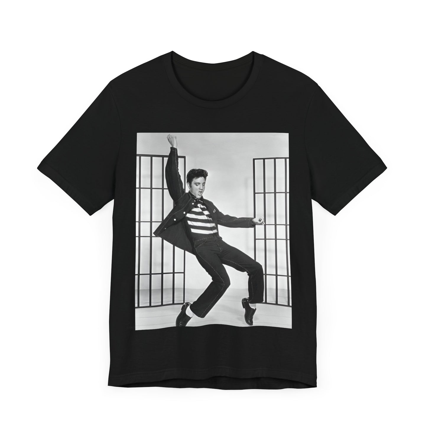 A black graphic t-shirt featuring a graphic related to Elvis Presley's 'Jailhouse Rock' song.