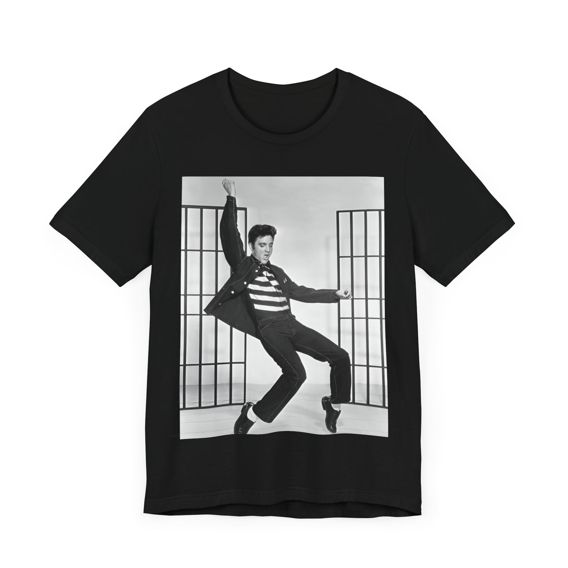 A black graphic t-shirt featuring a graphic related to Elvis Presley's 'Jailhouse Rock' song.