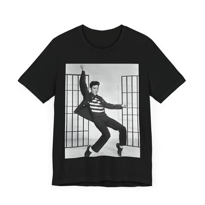 A black graphic t-shirt featuring a graphic related to Elvis Presley's 'Jailhouse Rock' song.