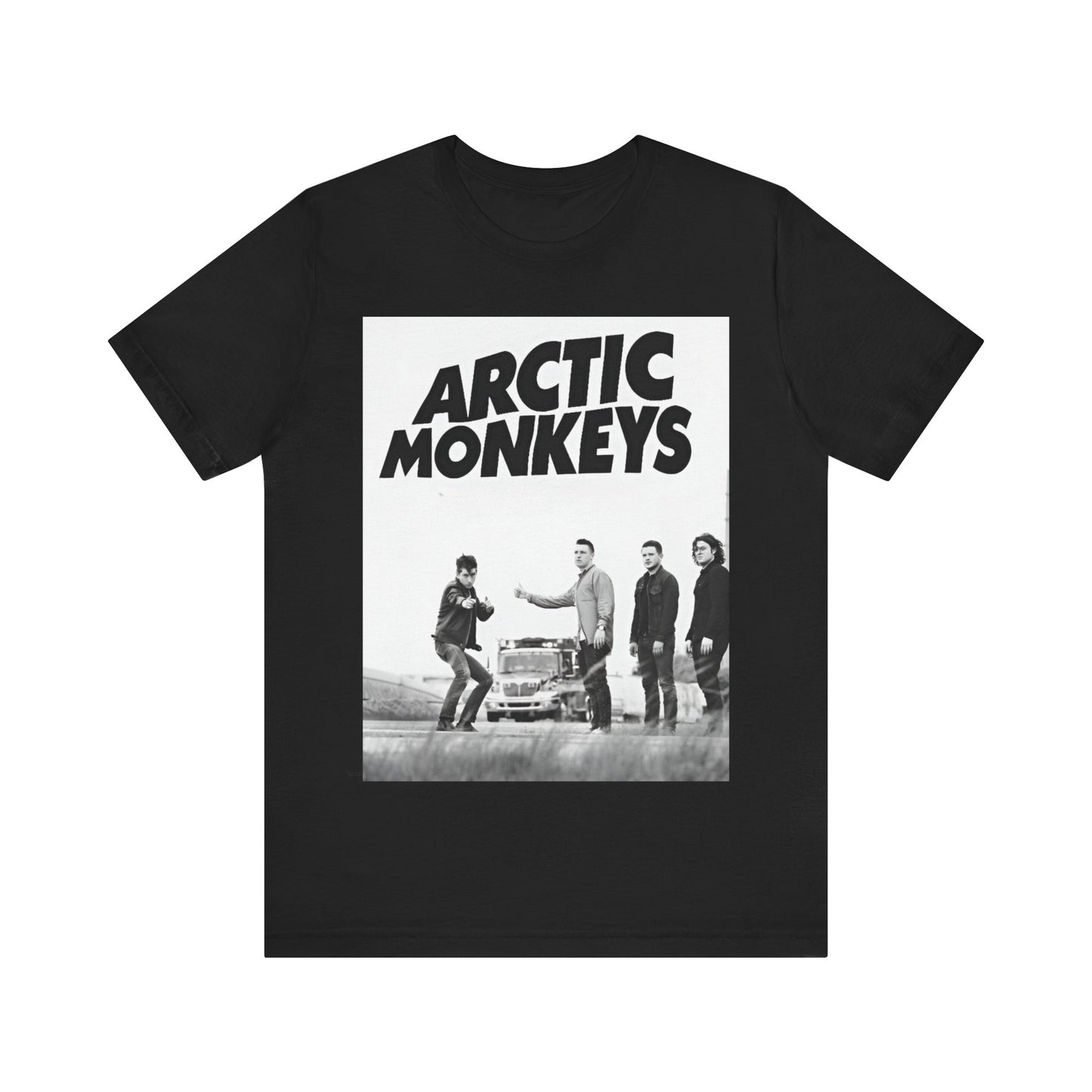 A black graphic t-shirt featuring the Arctic Monkeys logo in black and white.