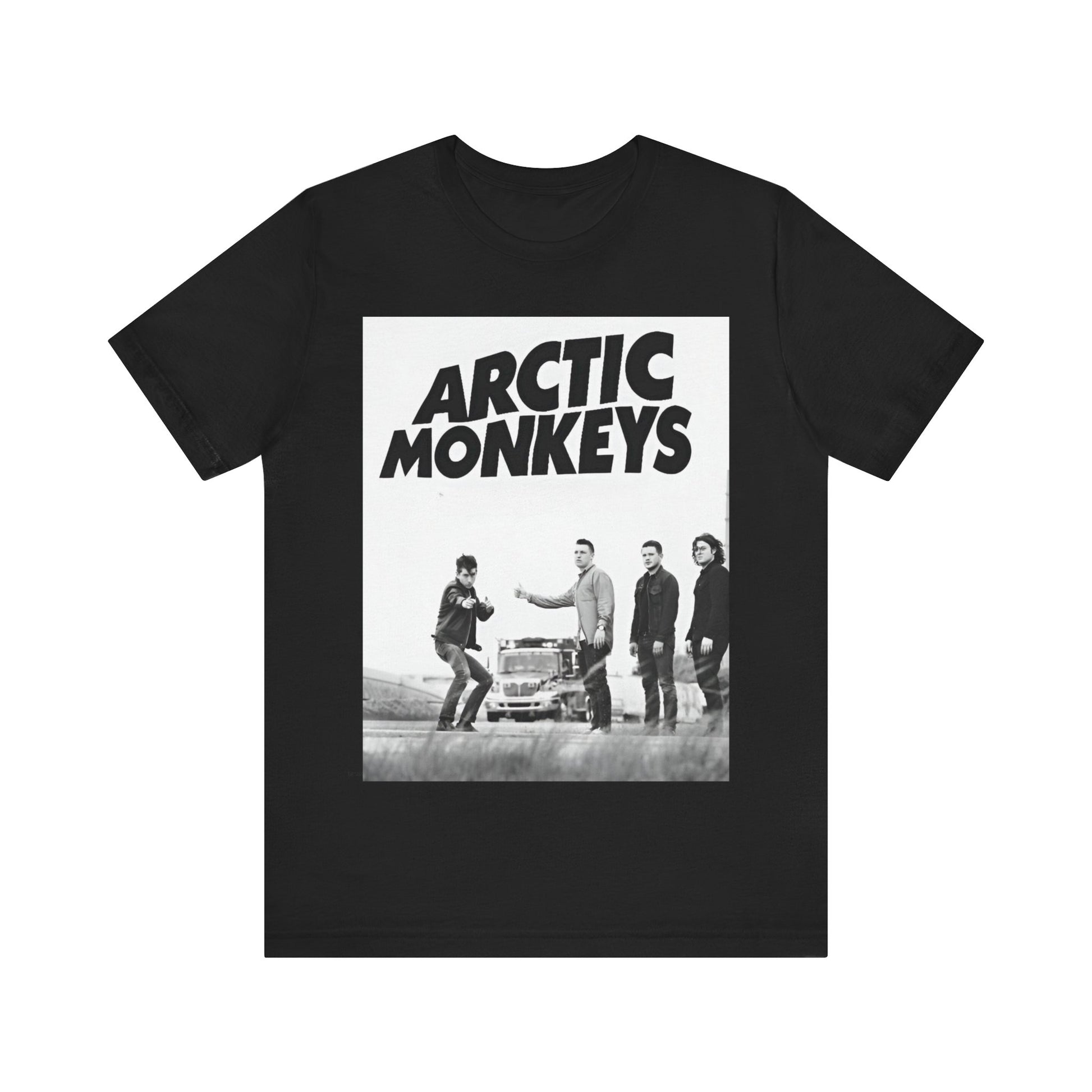 A black graphic t-shirt featuring the Arctic Monkeys logo in black and white.