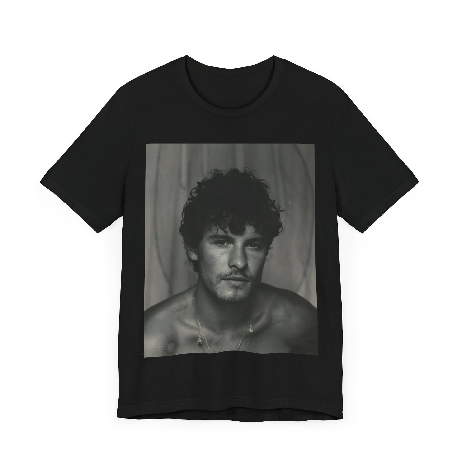 A black graphic t-shirt featuring a fearless portrait graphic of Shawn Mendes.