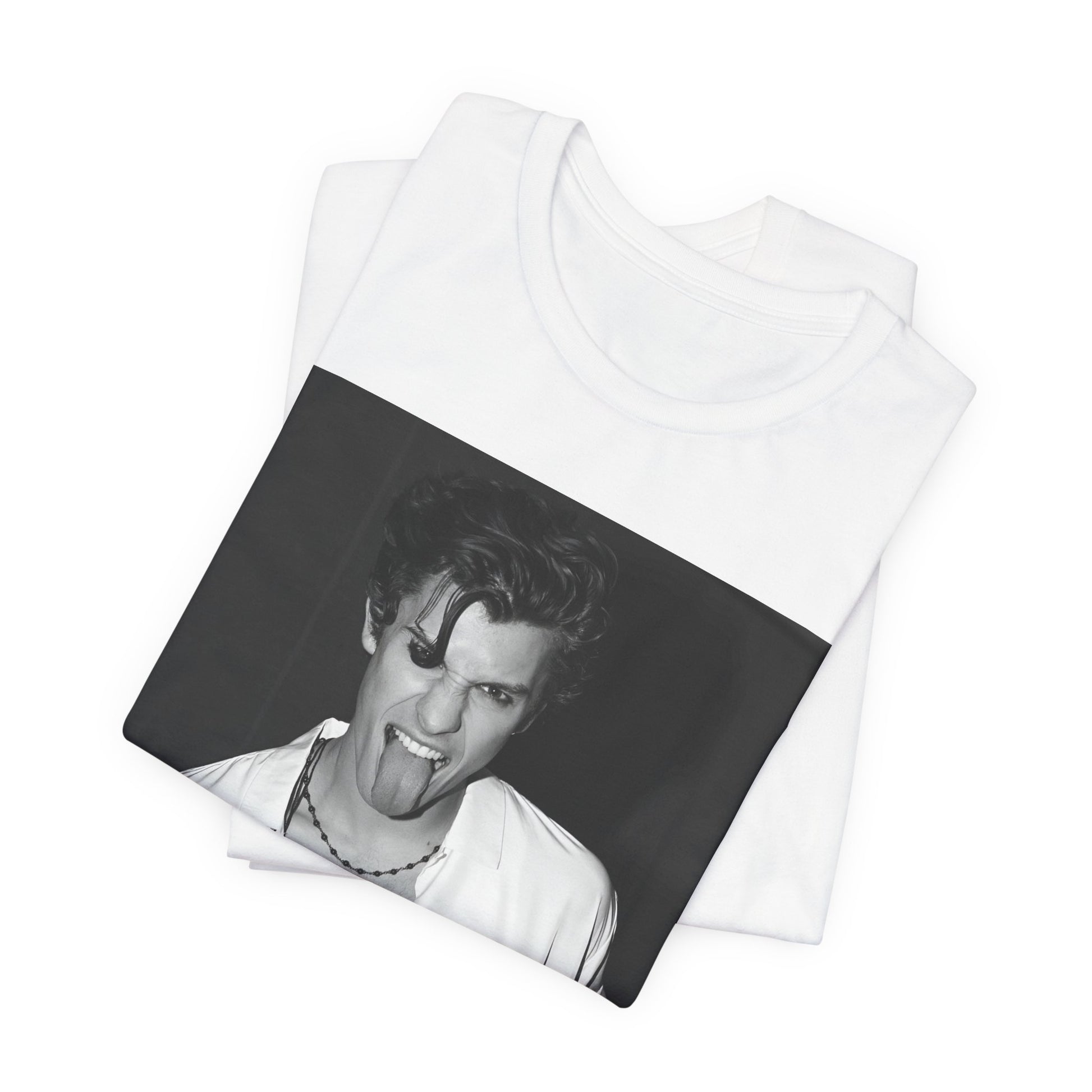 A black graphic t-shirt featuring a casual black and white fan graphic of Shawn Mendes.