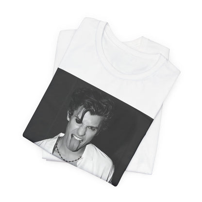 A black graphic t-shirt featuring a casual black and white fan graphic of Shawn Mendes.