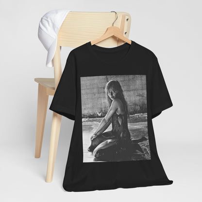 A black graphic t-shirt featuring a black and white, monochrome graphic or photo of Sabrina Carpenter.
