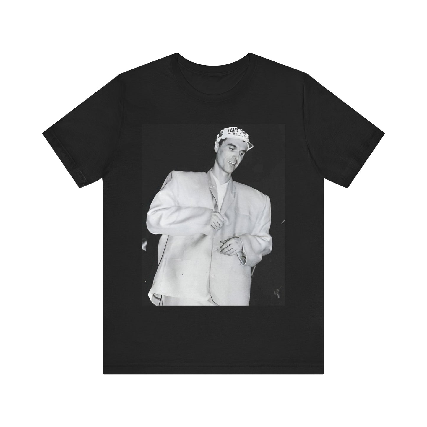 A black graphic t-shirt featuring a black and white graphic of Talking Heads with a cool NYC art scene aesthetic.