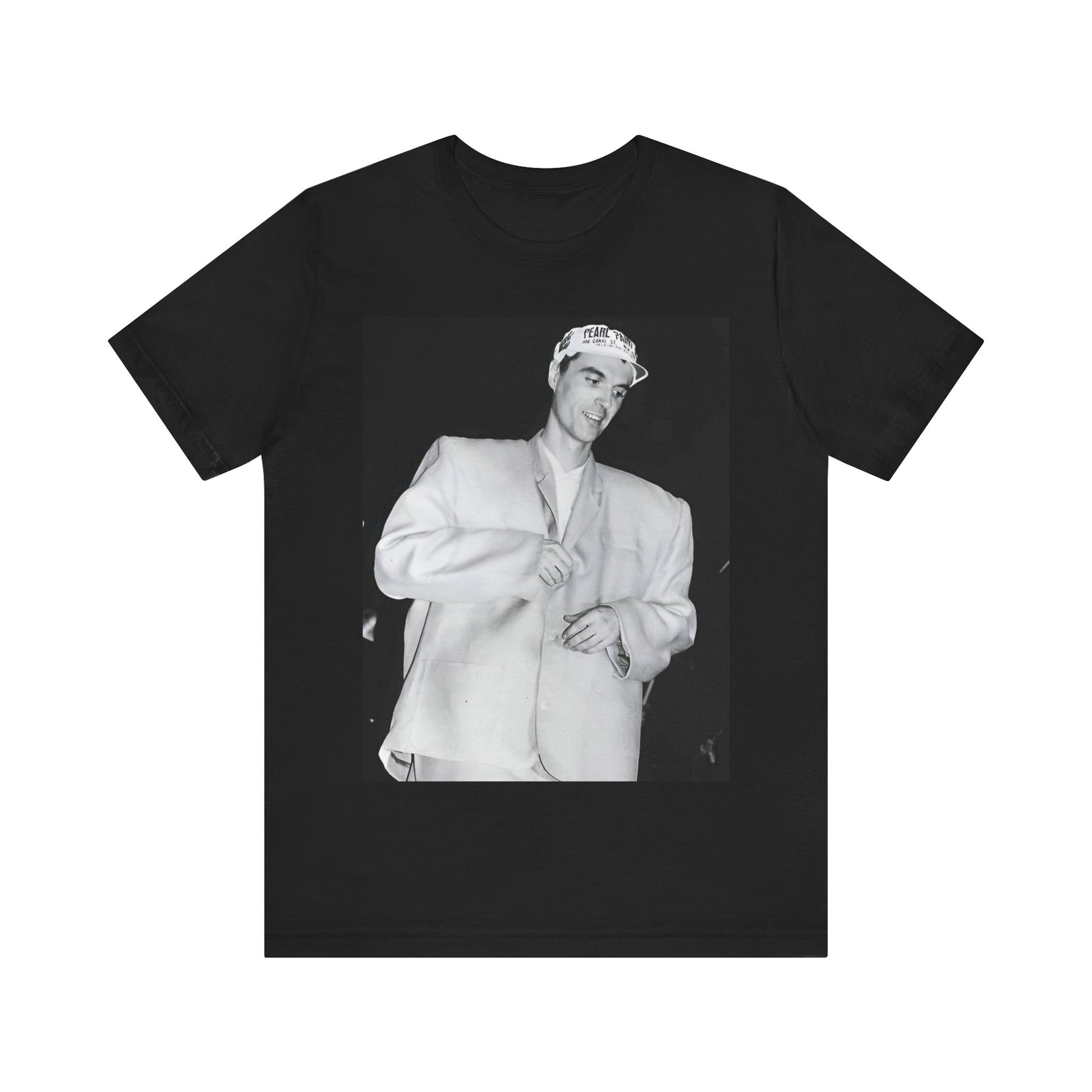 A black graphic t-shirt featuring a black and white graphic of Talking Heads with a cool NYC art scene aesthetic.