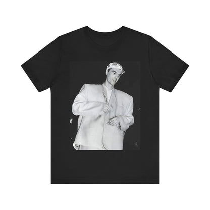 A black graphic t-shirt featuring a black and white graphic of Talking Heads with a cool NYC art scene aesthetic.