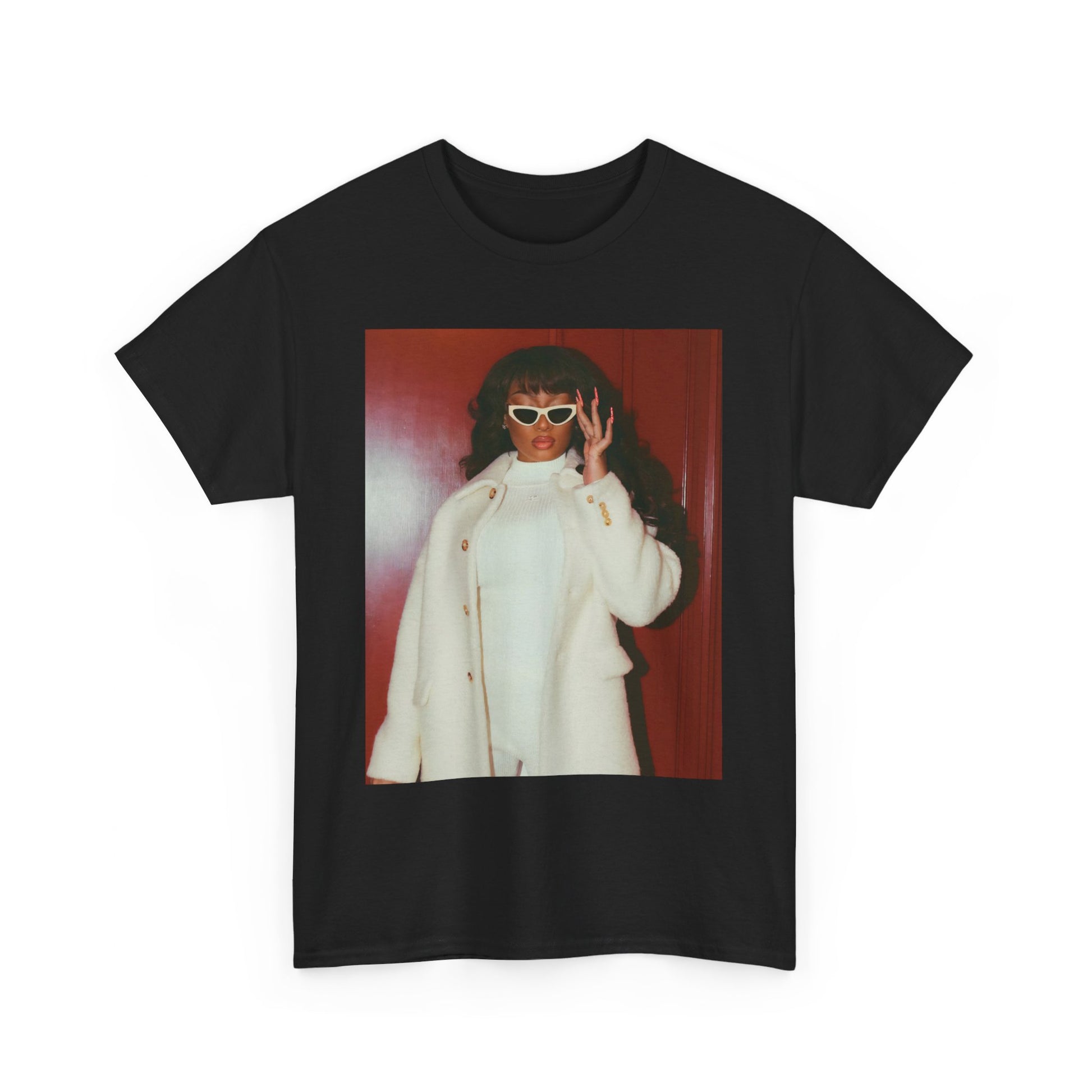 A black graphic t-shirt featuring a glamorous graphic of Megan Thee Stallion.