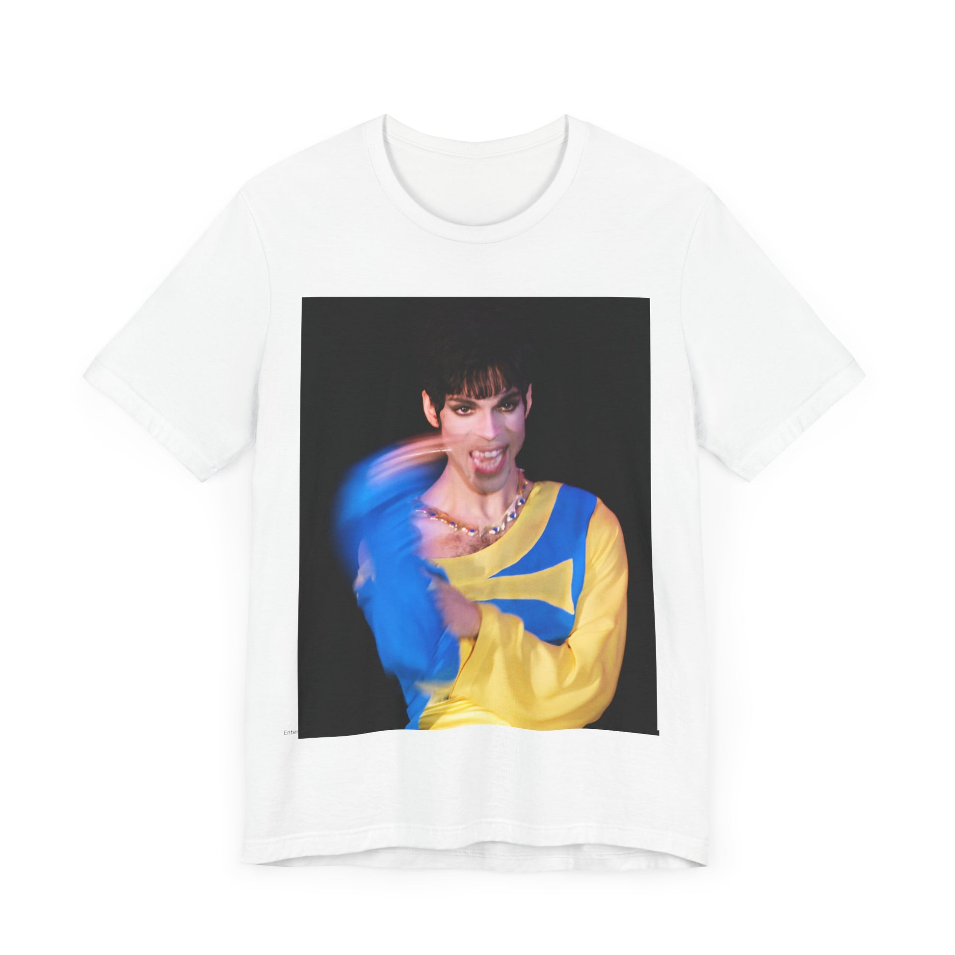 A black graphic t-shirt featuring a graphic related to Prince's 'When Doves Cry' song or era.