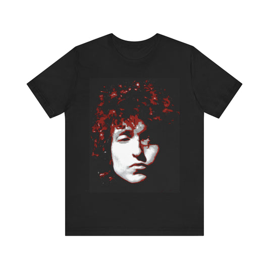 A black graphic t-shirt featuring a graphic related to Bob Dylan's 'Blood on the Tracks' album era, possibly with album art elements.