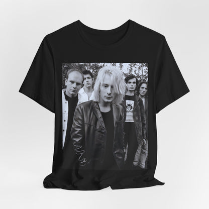 A black graphic t-shirt featuring a cool experimental rock graphic of Radiohead.