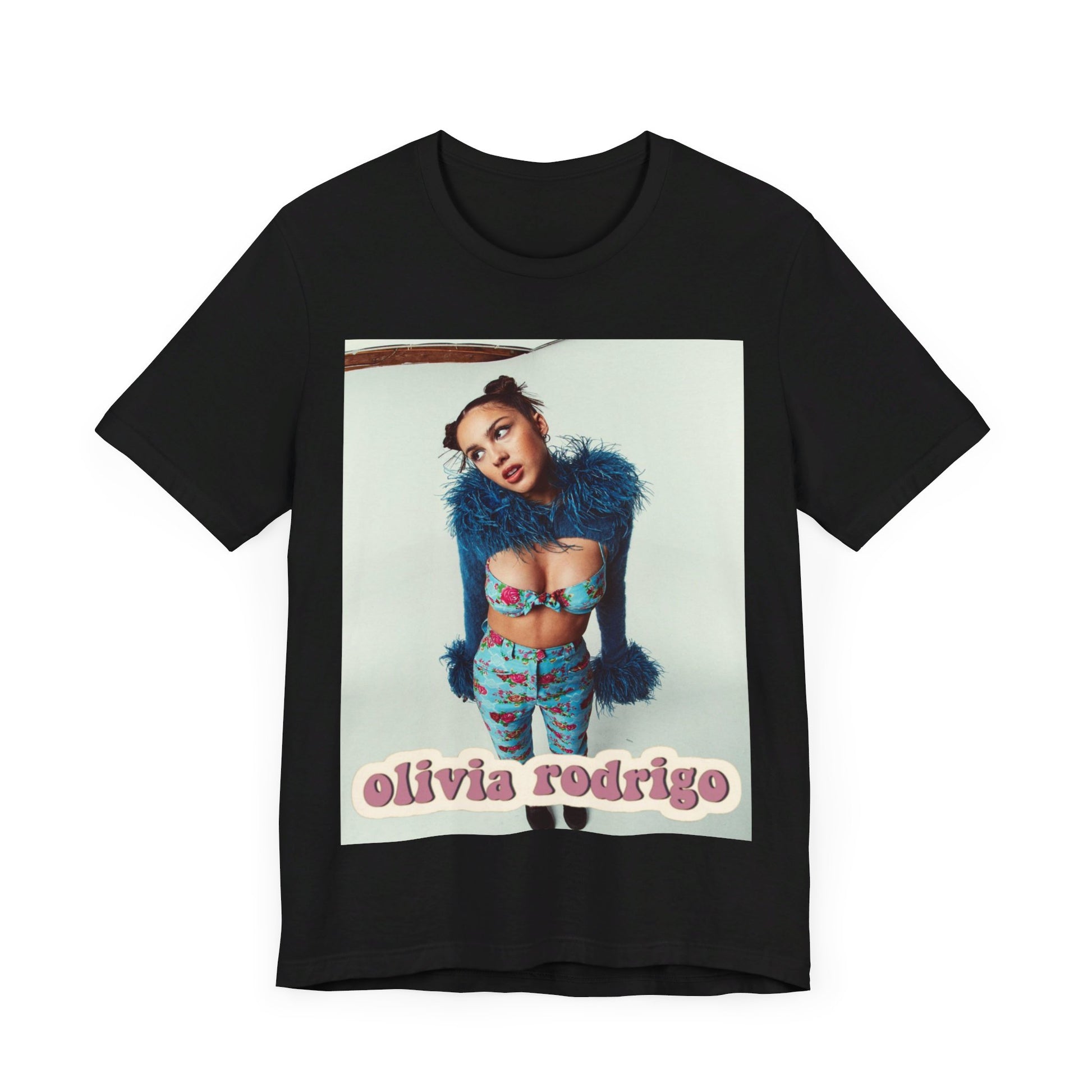 A black graphic t-shirt featuring a graphic of Olivia Rodrigo with 'teen angst vibes'.