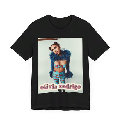 A black graphic t-shirt featuring a graphic of Olivia Rodrigo with 'teen angst vibes'.
