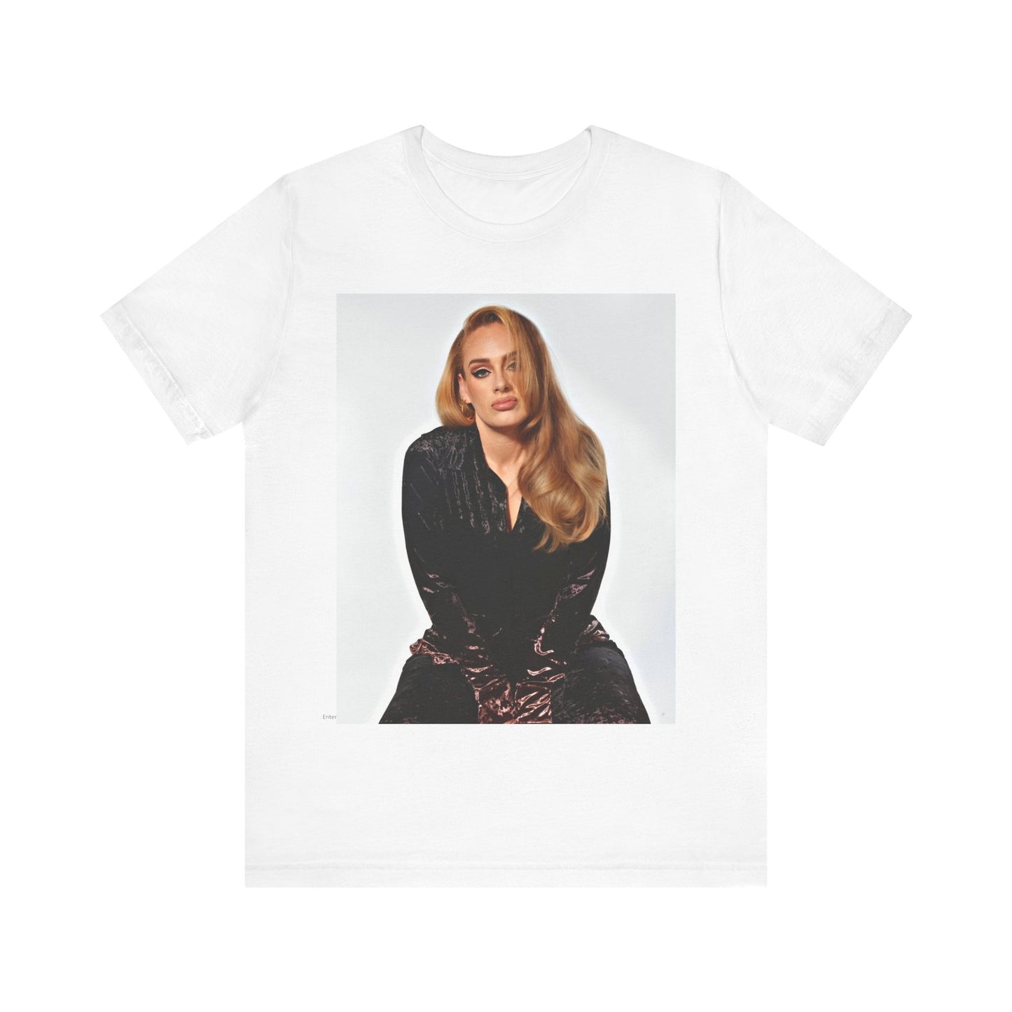 A black graphic t-shirt featuring a portrait of Adele from her iconic blonde era, with her hair styled and her expression poised and elegant.