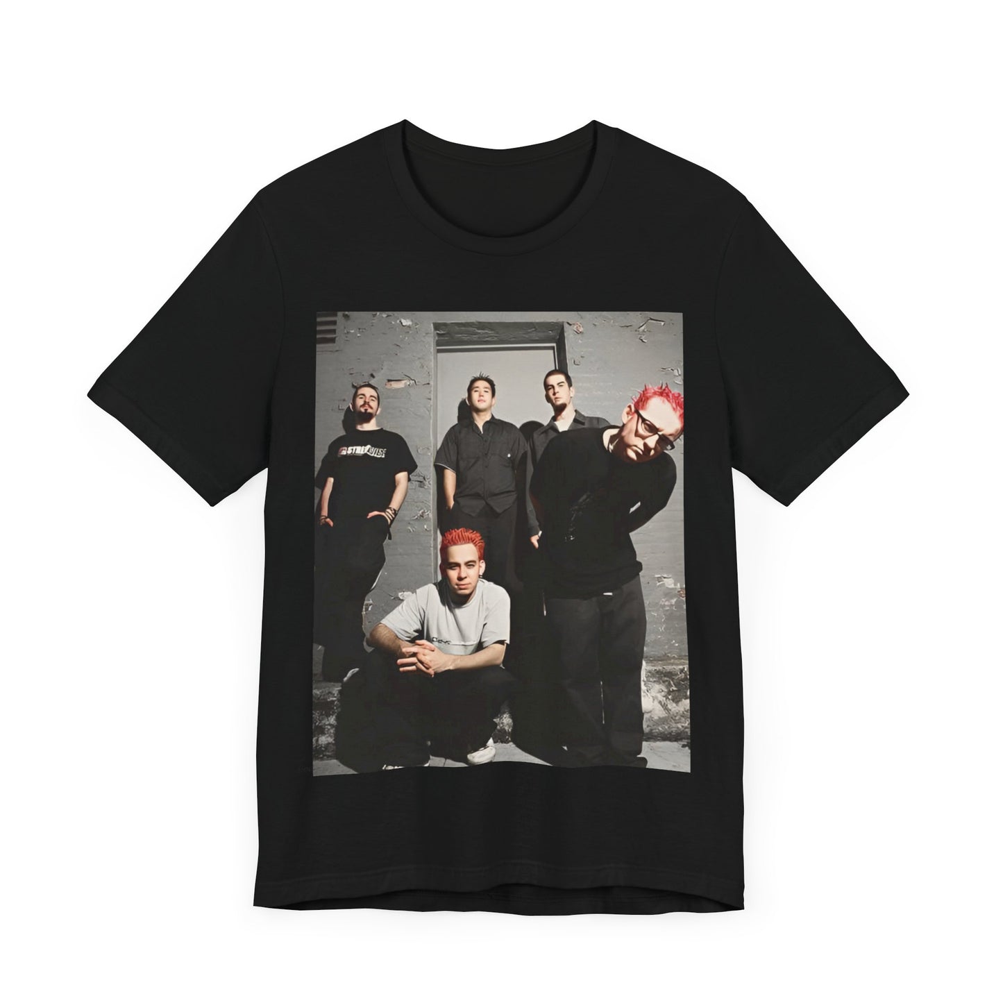 A black graphic t-shirt featuring a retro alt rock band graphic of Linkin Park.