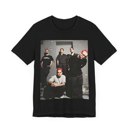 A black graphic t-shirt featuring a retro alt rock band graphic of Linkin Park.