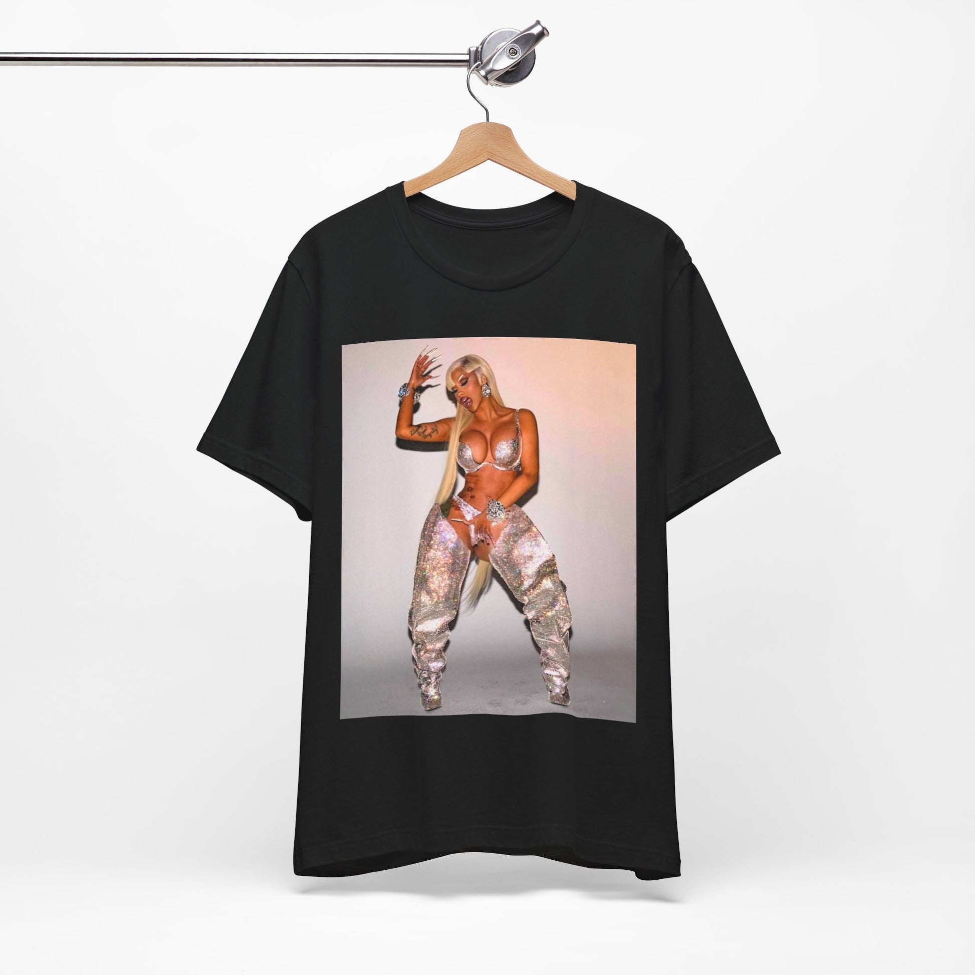 A black graphic t-shirt featuring a vintage graphic of Cardi B as a 'Bronx Queen' or rap icon.