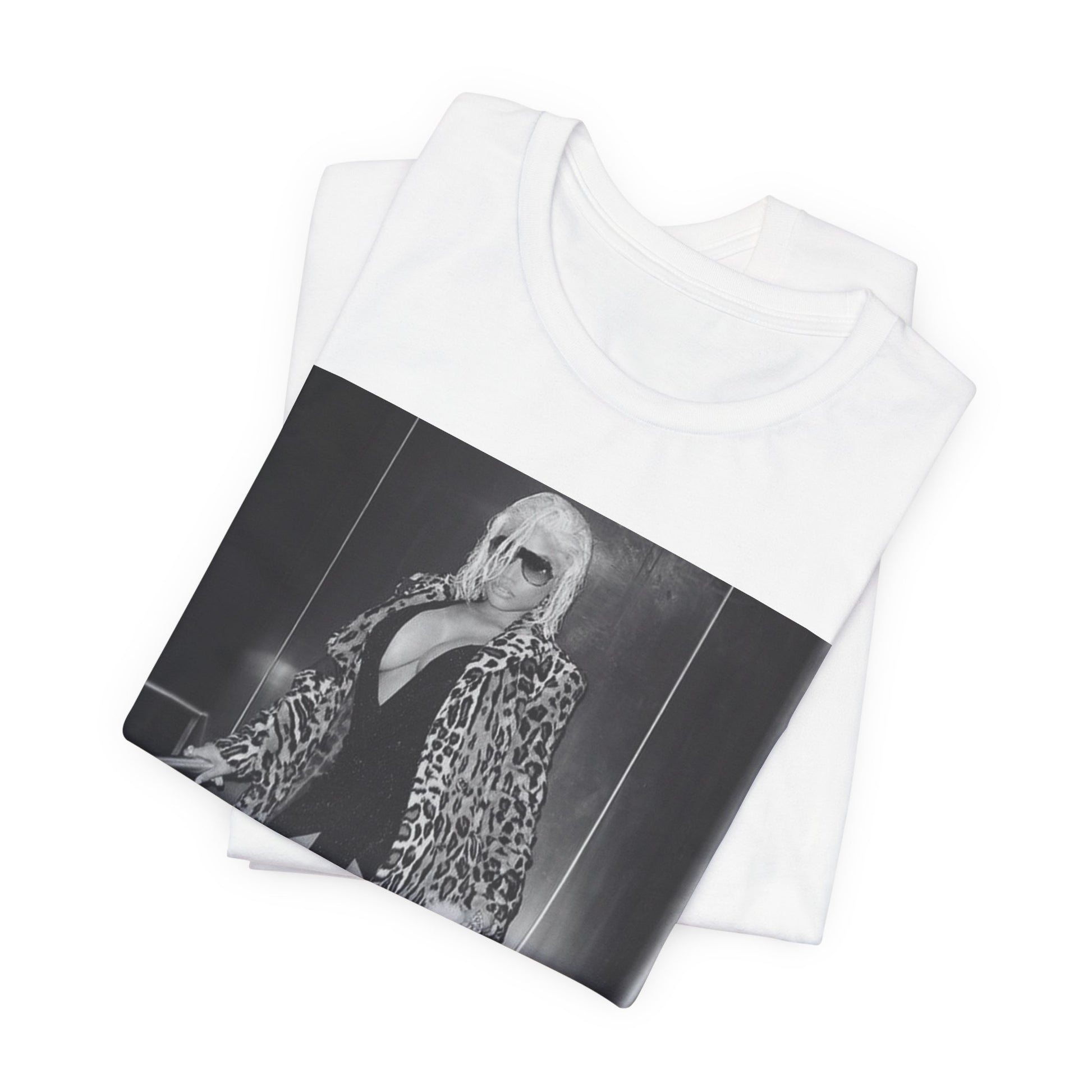 A black graphic t-shirt featuring a black and white glam aesthetic graphic of Nicki Minaj.