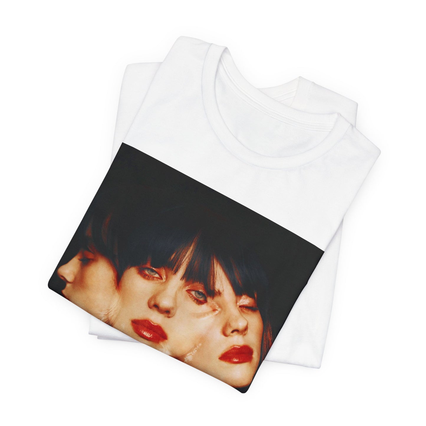 A classic, glamorous portrait of Billie Eilish as a pop star, with blonde hair and a confident gaze, printed on a t-shirt.