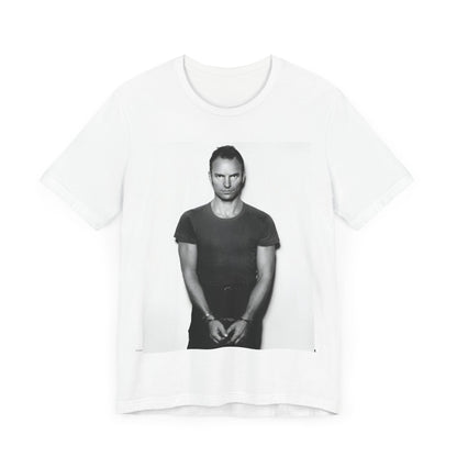 A black graphic t-shirt featuring a black and white portrait photo of Sting.