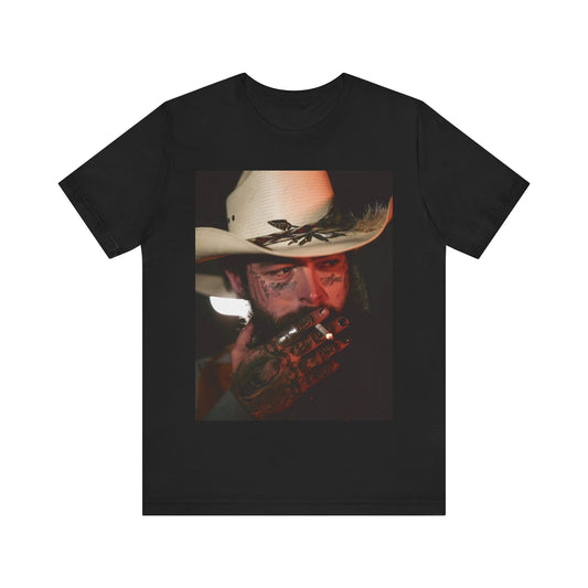 A black graphic t-shirt featuring a graphic of Post Malone wearing a cowboy hat.
