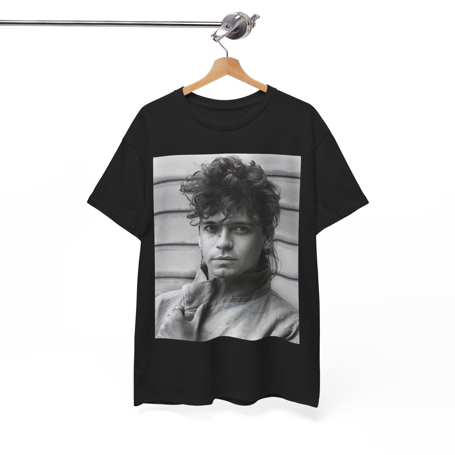 A black graphic t-shirt featuring a retro black and white graphic or photo of Michael Hutchence from INXS.