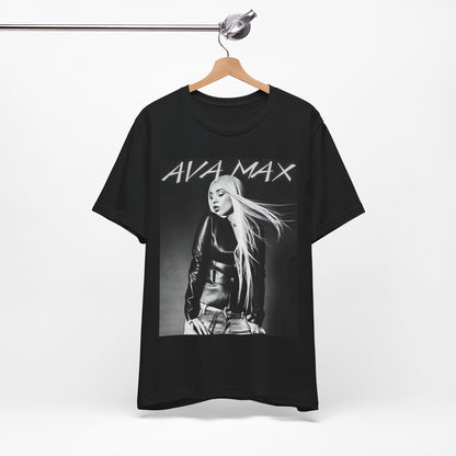 A black graphic t-shirt featuring a black and white portrait photo of Ava Max.