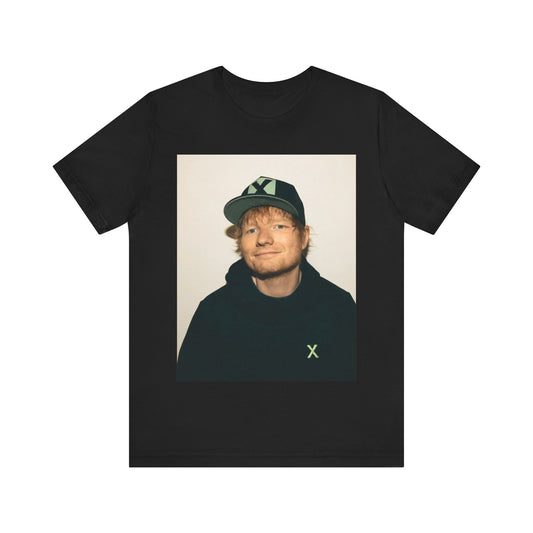 A black graphic t-shirt featuring a glamorous graphic of Ed Sheeran as a global tour icon.