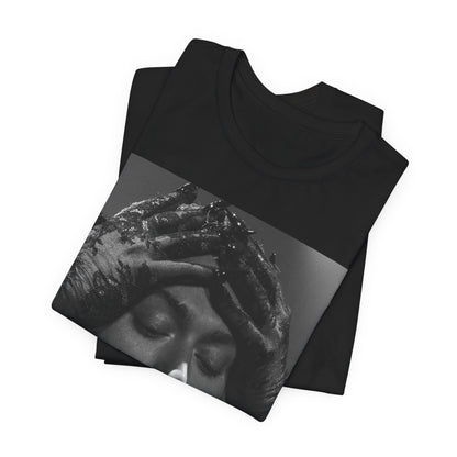 A black graphic t-shirt featuring a black and white graphic or photo of Sam Smith performing live on stage.