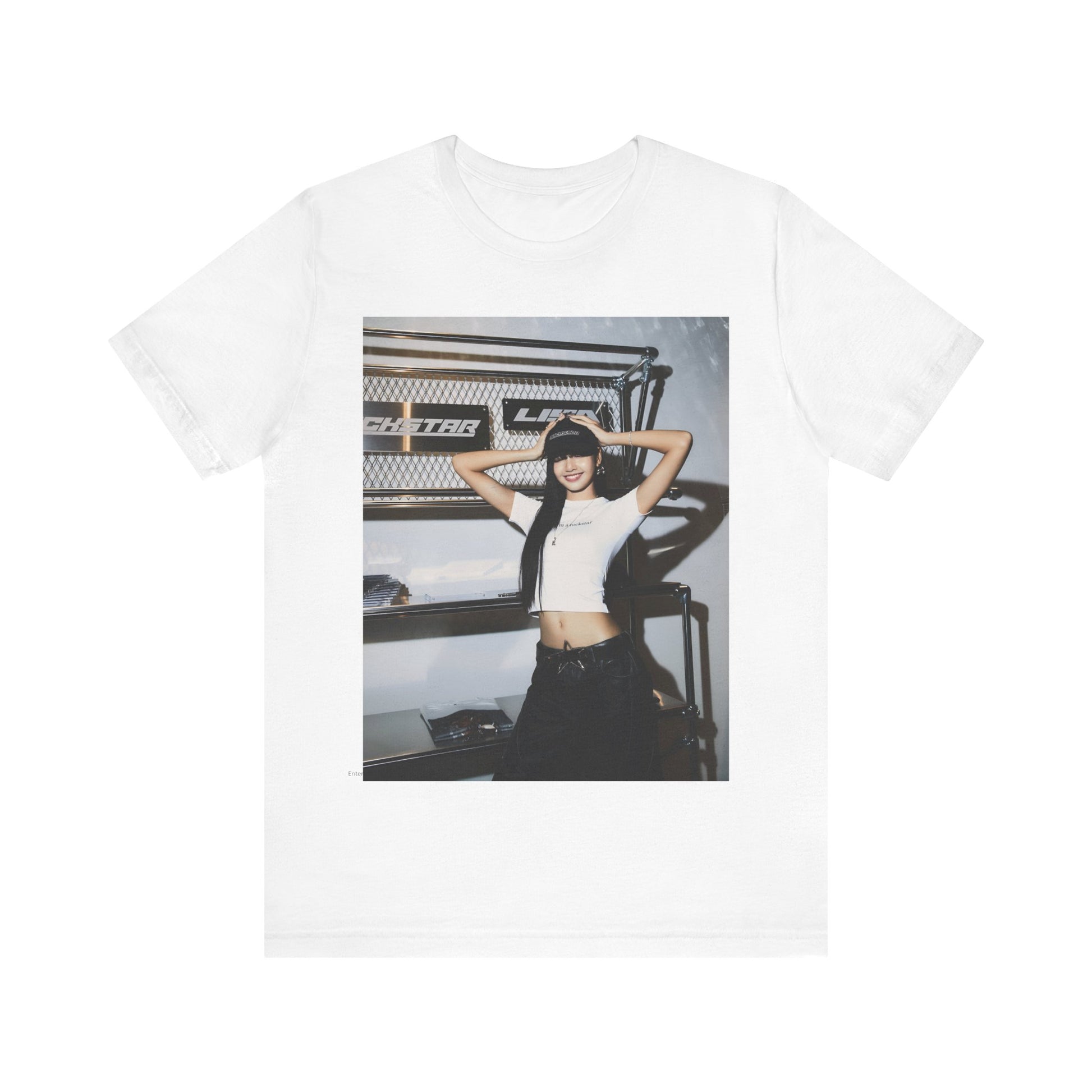A black graphic t-shirt featuring a graphic of Lisa as a street K-Pop style queen.